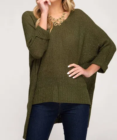 She + Sky Hi Low Knit Sweater In Olive In Green