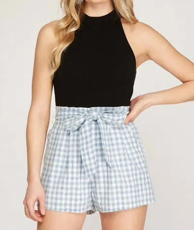 She + Sky High Waist Checkered Shorts In Grey/white In Blue