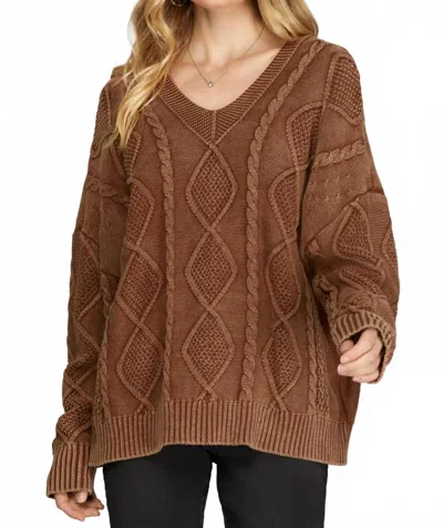 She + Sky Julie Cotton Cable Knit Fisherman Sweater In Copper In Brown