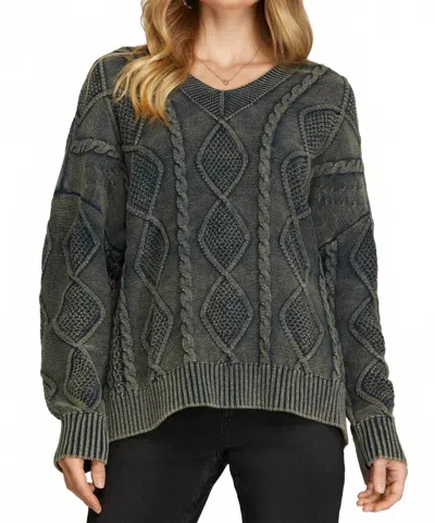 She + Sky Julie Cotton Cable Knit Fisherman Sweater In Olive Acid Wash In Green