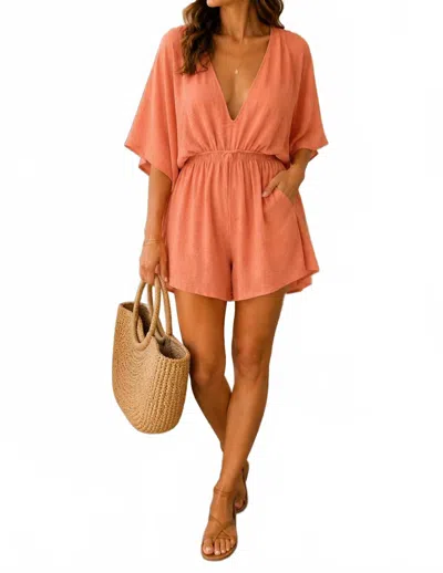 She + Sky Kimono Sleeve Romper With Back Tie In Apricot In Orange