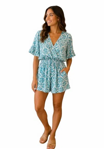 She + Sky Kimono Sleeve Waist Smocked Romper In Aqua In Blue