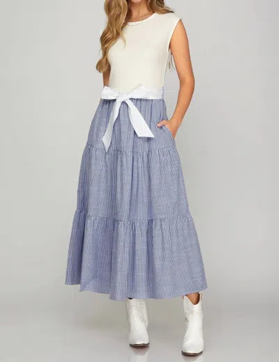 She + Sky Knit & Woven Combo Tiered Midi Dress In White/purple