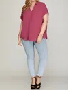 She + Sky Konnie Drop Shoulder Woven Top - Plus In Mauve