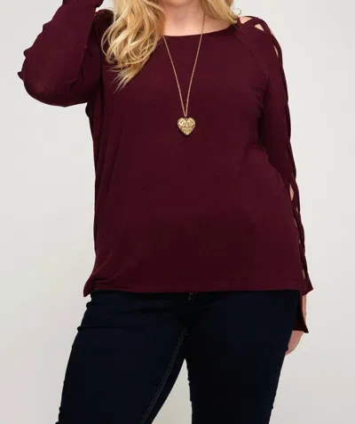 She + Sky Lattice Strap Sleeve Plus Sweater In Burgundy