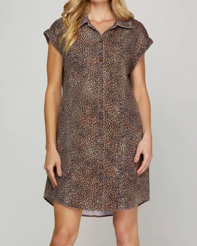 She + Sky Leopard Twill Washed Shirt Dress In Multi
