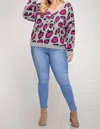 She + Sky Leopard V Back Plus Sweater In Hot Pink/grey In Multi