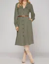 She + Sky Liv Long Sleeve Button Down Midi Dress In Olive In Green