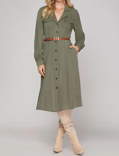She + Sky Liv Long Sleeve Button Down Midi Dress In Olive In Green