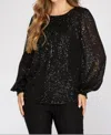 She + Sky Long Balloon Sleeve Sequin Top In Black