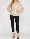 She + Sky Long Balloon Sleeve Sequin Top In Cream