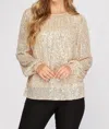 She + Sky Long Balloon Sleeve Sequin Top In Cream In White