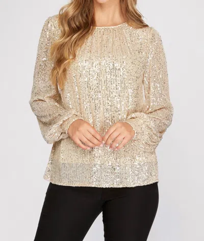 She + Sky Long Balloon Sleeve Sequin Top In Cream In White