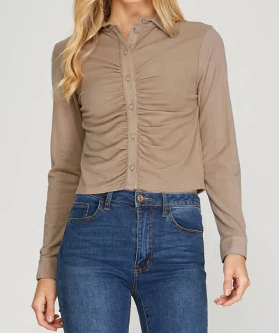 She + Sky Long Cuff Sleeve Brushed Stretch Knit Top In Taupe In Pink