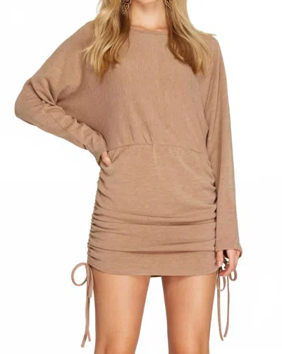 She + Sky Long Dolman Sleeve Knit Dress With Drawstring Ruched Sides In Taupe In Brown
