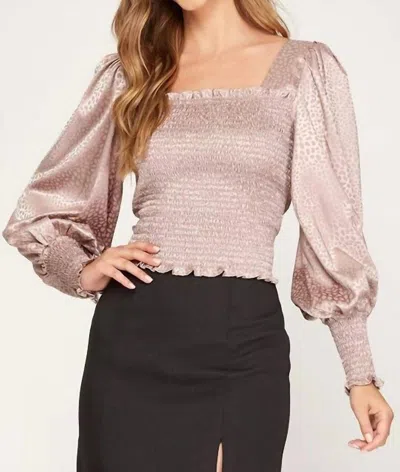 She + Sky Long Puff Sleeve Jacquard Blouse In Lt. Mocha In Multi