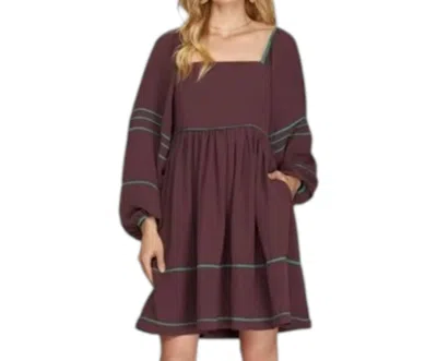 She + Sky Long Sleeve Dress With Contrast Binding Detail Smocked Back In Cocoa In Brown