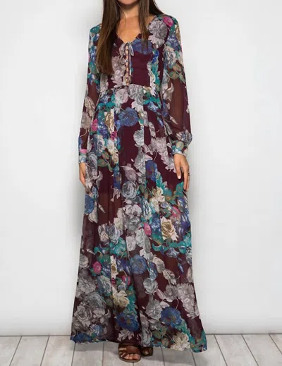 She + Sky Long Sleeve Floral Maxi Dress In Plum In Multi