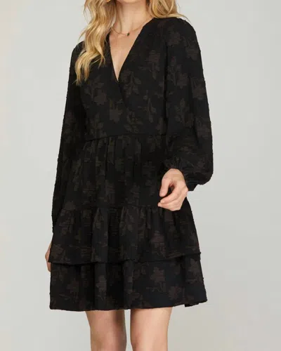 She + Sky Long Sleeve Floral Pattern Tiered Dress In Black