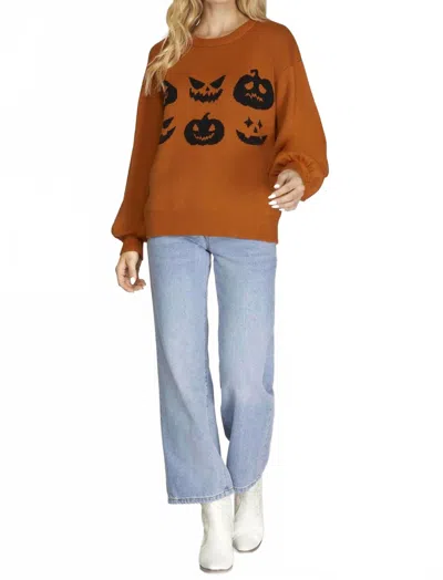 She + Sky Long Sleeve Halloween Pattern Sweater Top In Pumpkin In Brown