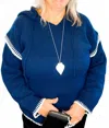 She + Sky Long Sleeve Knit Hoodie Sweater Top With Blanket Stitch Detail In Navy In Blue