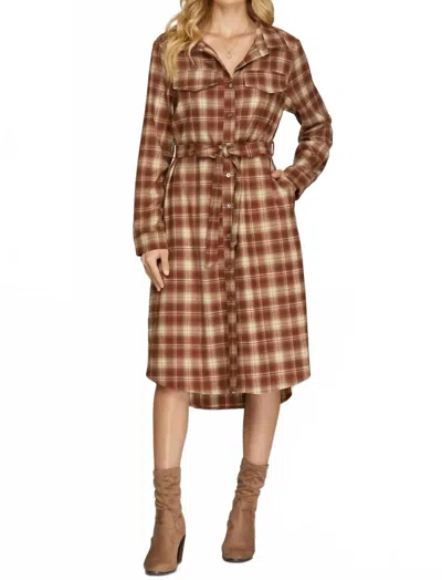 She + Sky Long Sleeve Midi Shirt Dress In Chestnut Plaid In Brown