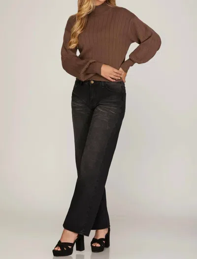 She + Sky Long Sleeve Mock Neck Sweater Top In Brown