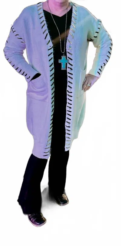 She + Sky Long Sleeve Open Front Long Sweater Stitched Cardigan In Cream
