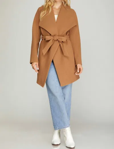She + Sky Long Sleeve Open Front Wrap Coat In Camel In Brown