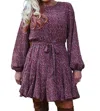 She + Sky Long Sleeve Print Dress With Flutter Bottom In Burgundy In White