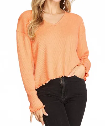 She + Sky Long Sleeve Rib Knit Lettuce Hem V-neck Top In Salmon In Multi