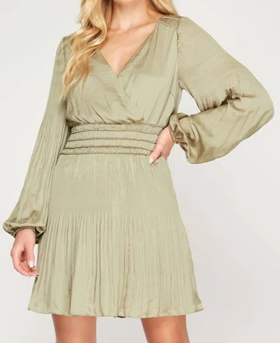 She + Sky Long Sleeve Satin Dress In Olive In Green