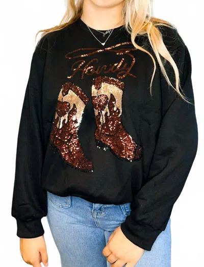 She + Sky Long Sleeve Sequin Cowboy Boots Patch Sweatshirt Top In Black
