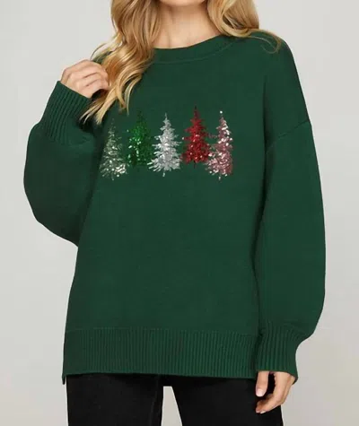She + Sky Long Sleeve Sequin Sweater In Green
