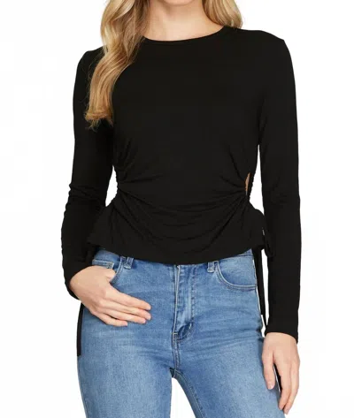 She + Sky Long Sleeve Side Drawstring Ruched Cutout Knit Top In Black