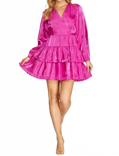 She + Sky Long Sleeve Silky Woven Surplice Tiered Dress In Fuchsia In Purple