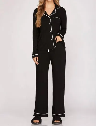 She + Sky Long Sleeve Stretch Knit Pajama Set In Black