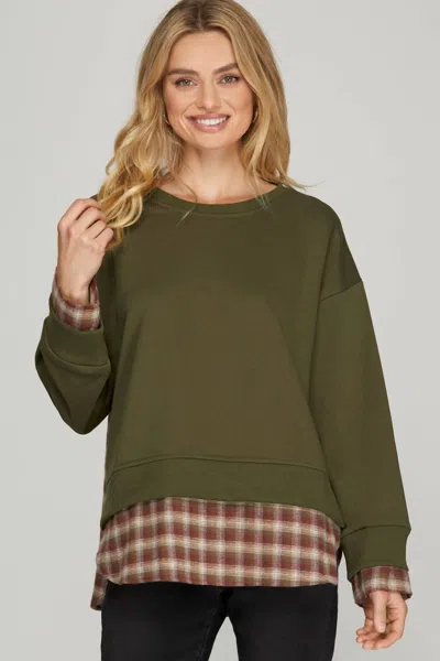 She + Sky Long Sleeve Sweatshirt With Contrast Plaid Top In Olive In Green