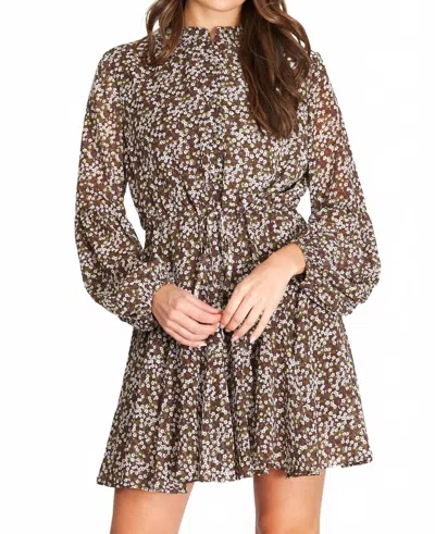 She + Sky Long Sleeve Woven Button Up Dress In Brown