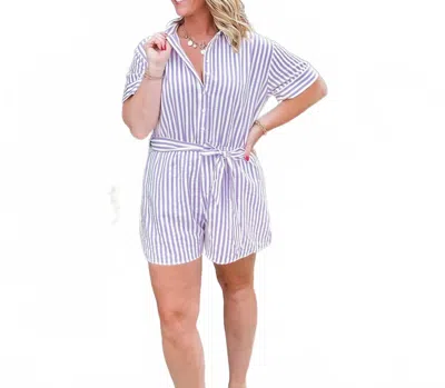 She + Sky Melissa Button Front Stripe Romper In Lilac In Blue