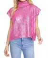 She + Sky Metallic Foil Sleeveless Turtleneck Sweater Top In Candy Pink In Pink