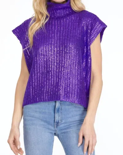 She + Sky Metallic Foil Sleeveless Turtleneck Sweater Top In Purple In Multi