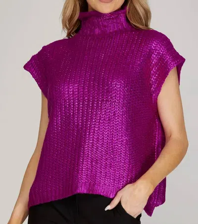 She + Sky Metallic Foil Sweater Top In Fuchsia In Purple