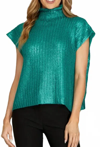 She + Sky Metallic Foil Sweater Top In Teal In Green