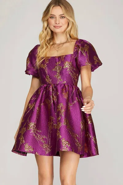 She + Sky Metallic Jaquard Baby Doll Dress In Magenta In Purple