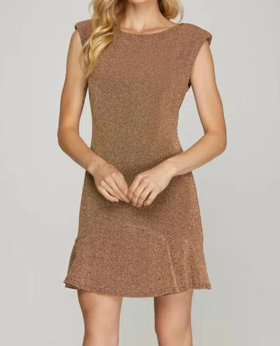 She + Sky Metallic Ruffle Hem Mini Dress In Gold Taupe In Brown