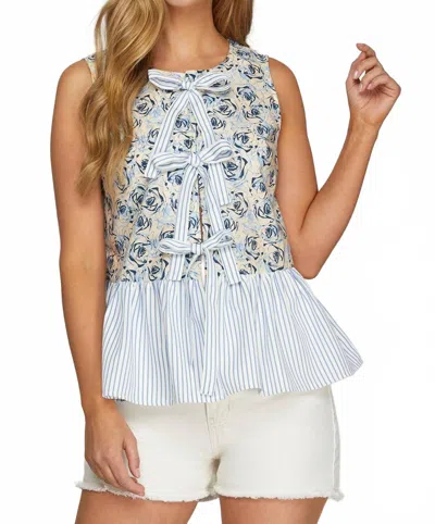 She + Sky Mixed Print Sleeveless Bow Tie Top In Blue In Multi