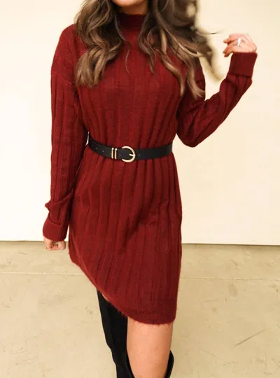 She + Sky Mock Neck Ribbed Sweater Dress In Wine In Pink