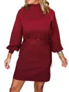 She + Sky Mock Neck Tie Belt Sweater Dress In Wine