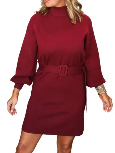 She + Sky Mock Neck Tie Belt Sweater Dress In Wine